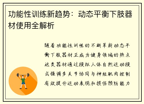 功能性训练新趋势：动态平衡下肢器材使用全解析
