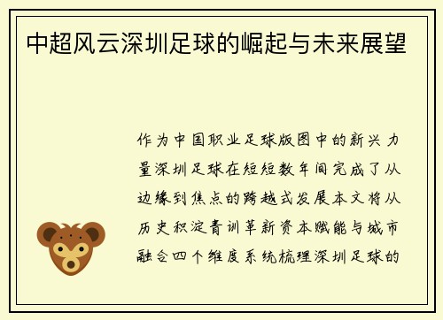 中超风云深圳足球的崛起与未来展望
