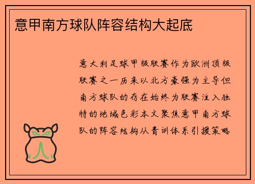 意甲南方球队阵容结构大起底