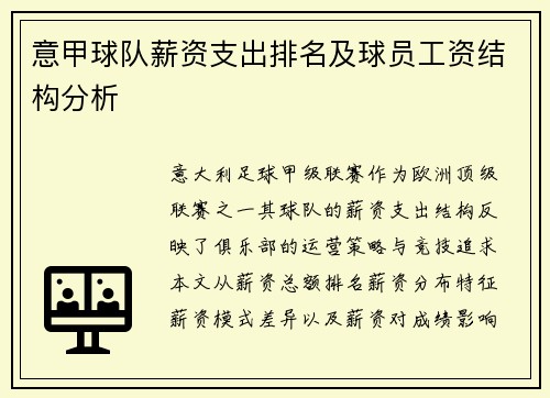 意甲球队薪资支出排名及球员工资结构分析