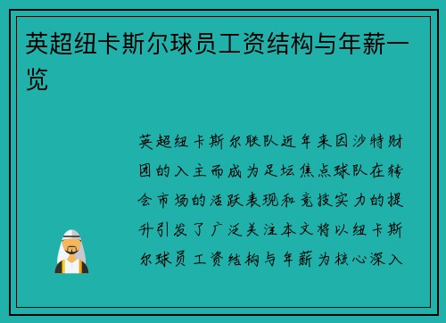 英超纽卡斯尔球员工资结构与年薪一览